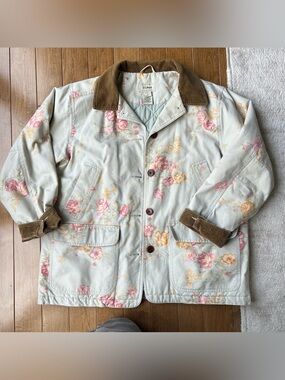 Vintage L.L. Bean Light Blue Floral Quilted Jacket with Corduroy Collar/Cuffs